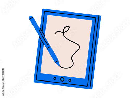 Hand drawn cute illustration of graphics tablet with stylus. Flat vector drawing device doodle. Creative process. Pen and pad for illustrator. Designer or painter sign. Study sticker, icon. Isolated.