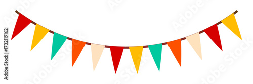 Festive flag garland vector illustration. Retro bunting in simple flat style, isolated on white background. Carnival, birthday, circus border decoration.