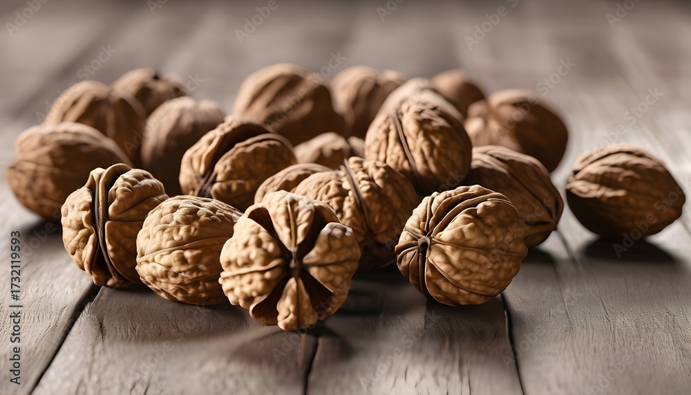 Walnuts with textured shells on wood