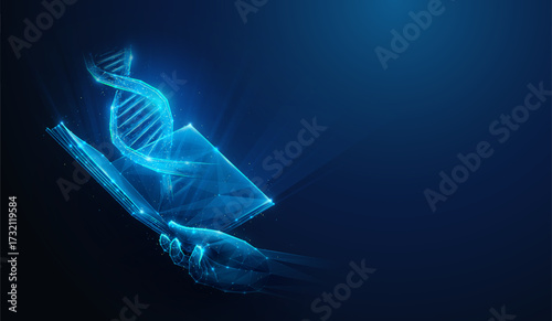 Lowpoly Human DNA over Open Book in Hand. Abstract vector illustration depicting reading of genetic information for ancestry, genealogy research and gene engineering on blue background with copy space