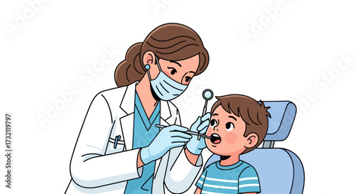 Cartoon illustration of a pediatric dentist giving a dental check-up to a small boy.