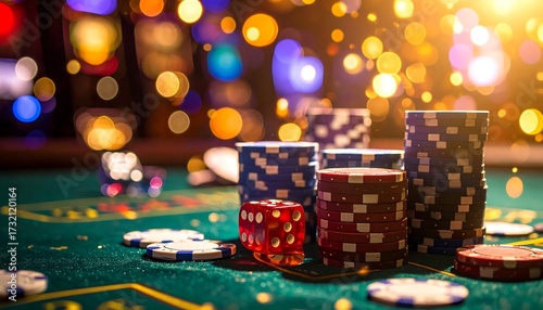 Casino table with chips and dice.  Blurred background