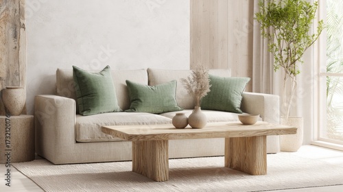 Fototapeta Naklejka Na Ścianę i Meble -  rustic minimalist living room, sand colored sofa, pistachio green pillow, light wooden coffee table, stone texture