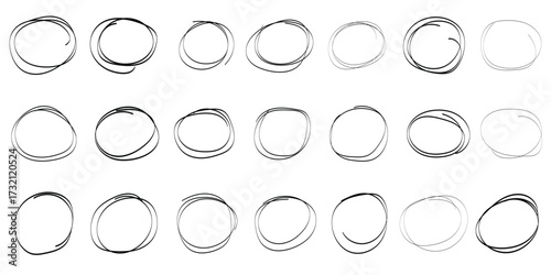 Outline red drawing line clipart symbol. Set of round grunge circles shapes on a white background. Grunge round shapes. Grunge banner and paint brush stamps, paint brush stock set, outline paint 