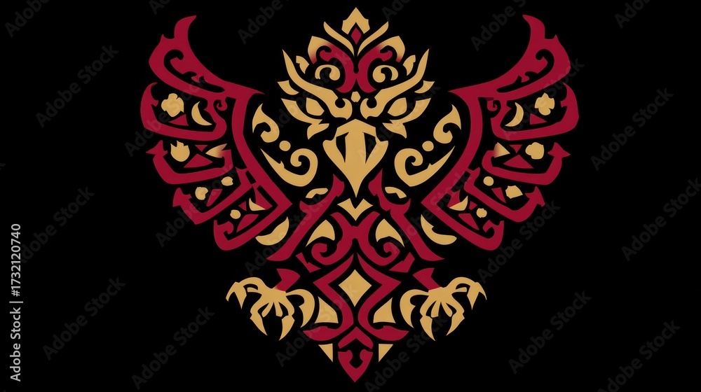 Fototapeta premium Ornamental eagle design in red and gold on black background
