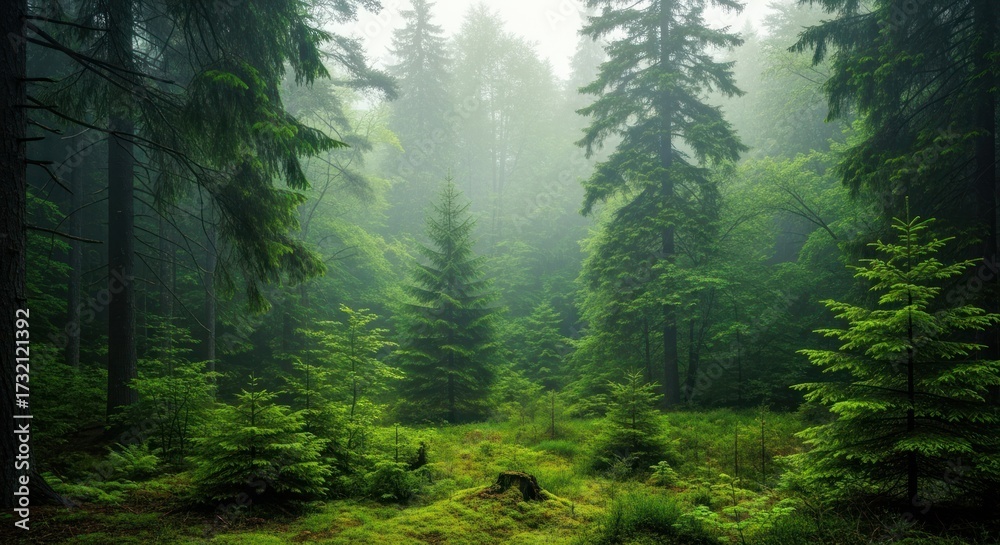 Obraz premium Lush green forest scene shows tall evergreen trees, vibrant foliage, and a misty atmosphere, creating a serene natural environment, perfect for scenic exploration, with a soft, calming color palette.