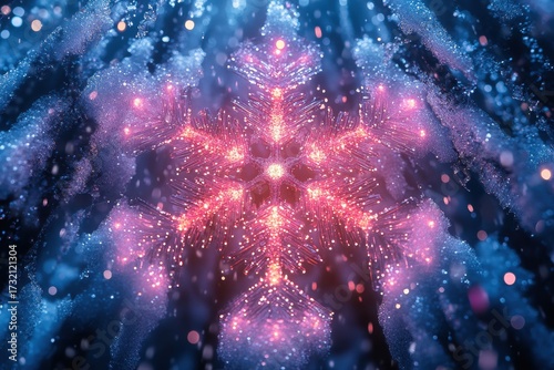 Snowflake glowing in pink and blue lights.