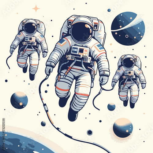 Astronaut floating in space with a safety harness with a simple and minimalist flat design using a white background