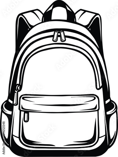 Detailed Backpack Line Drawing with Zippers and Compartments