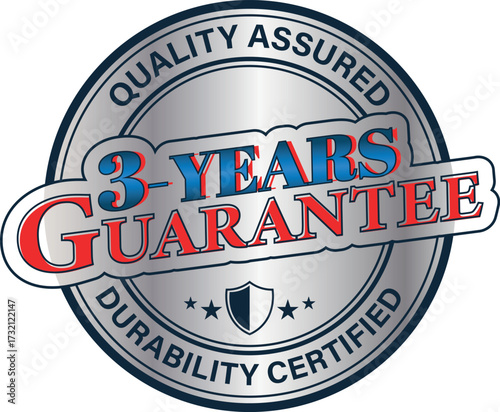 Silver badge, metallic circular badge. Quality Assured and Durability Certified Badges. 
3-year guarantee badge isolated on white background
