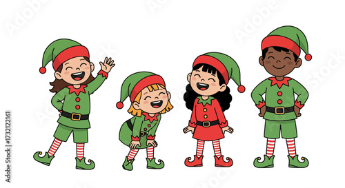 Joyful and diverse children in Santa's helper outfits, a cheerful Christmas character set