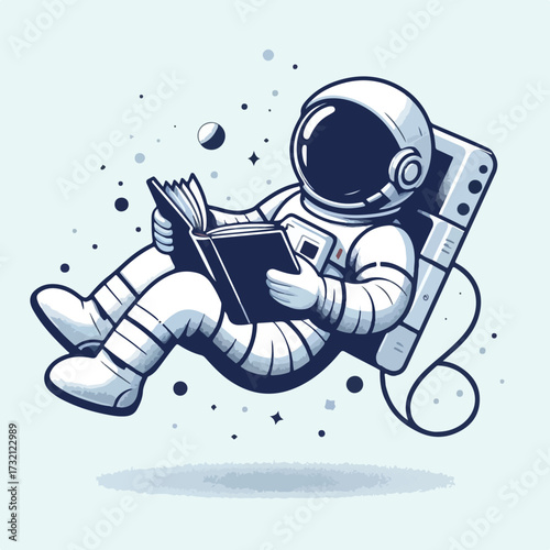 An astronaut floating while reading a book with a simple and minimalist flat design using a white background.