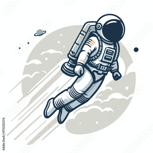 Astronaut flying with jetpack with simple and minimalist flat design using white background