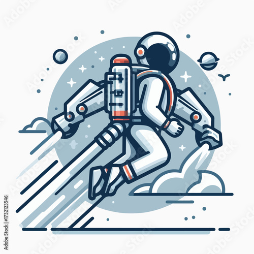 Astronaut flying with jetpack with simple and minimalist flat design using white background