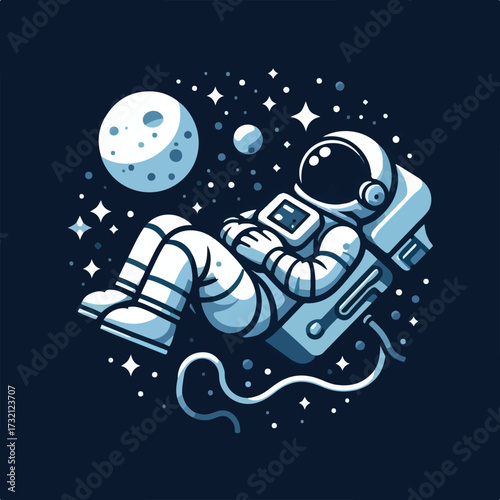 Astronaut sleeping floating in space with simple and minimalist flat design using white background