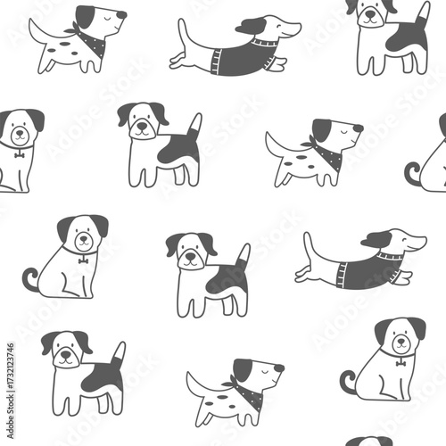 Seamless pattern with outline dogs. Vector illustration in doodle style. Cute dogs on white background.