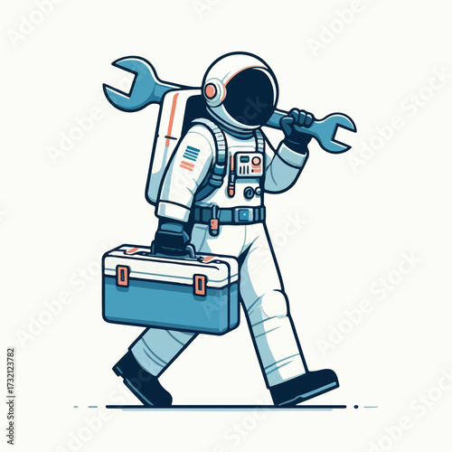 Astronaut carrying a toolbox with a simple and minimalist flat design using a white background
