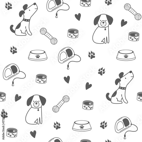 Seamless pattern with outline dogs. Vector illustration in doodle style. Cute dogs, retractable dog leash, bowl and canned goods on white background. Pet background.