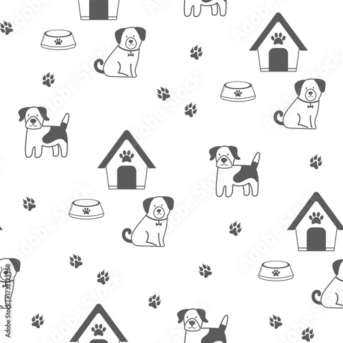 Seamless pattern with outline dogs. Vector illustration in doodle style. Cute dogs, dog house and bowl on white background. Pet background.