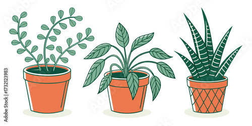 Three potted houseplants vector illustration in a hand-drawn style perfect for adding a touch of nature to any design project