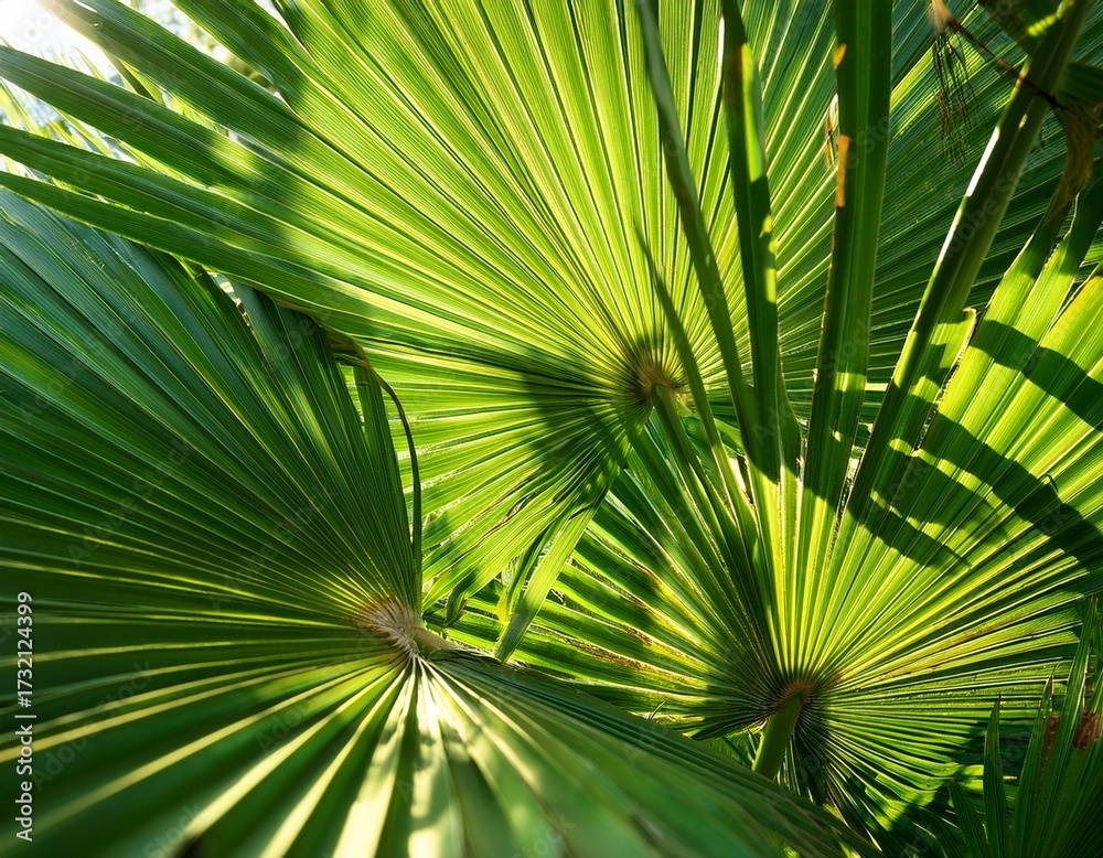 Fototapeta premium closeup of palm tropical leaves in sunlight with shadow patterns for summer jungle nature background