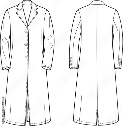 Classic long tailored overcoat fashion flat sketch with button closure and structured lapel detail for menswear design