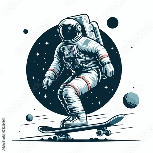 Astronaut riding a skateboard on the moon with a simple and minimalist flat design using a white background.