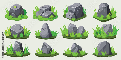 Set of cartoon stones with grass vector illustration of different rock shapes isolated on white background