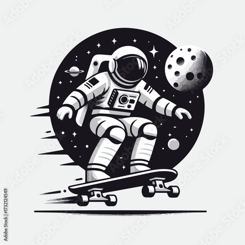 Astronaut riding a skateboard on the moon with a simple and minimalist flat design using a white background.