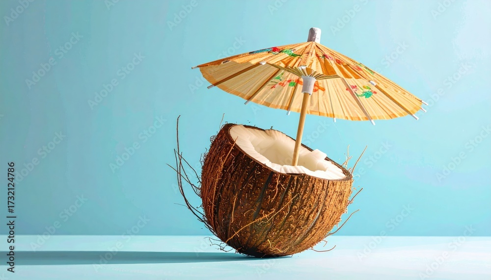 custom made wallpaper toronto digitalA halved coconut, seemingly floating, with a small paper umbrella perched atop.  The scene is minimalist, set against a pale blue backdrop