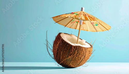 Wallpaper Mural A halved coconut, seemingly floating, with a small paper umbrella perched atop.  The scene is minimalist, set against a pale blue backdrop Torontodigital.ca