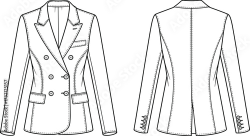 Elegant double breasted women’s blazer fashion technical drawing, front and back view professional garment flat sketch illustration
