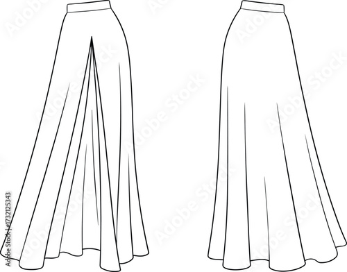 Elegant long flowy maxi skirt fashion flat sketch with front slit detail and high waist design template