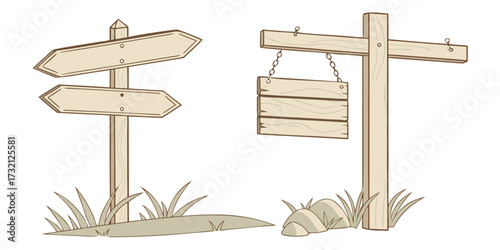 Wooden signposts and hanging signs vector illustration of rustic direction markers isolated on white background