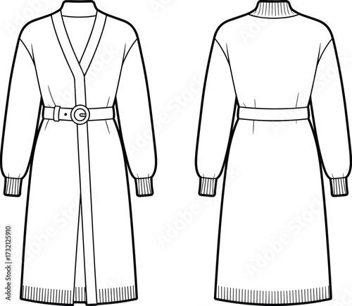 Fashion flat sketch of belted cardigan coat with ribbed cuffs, long sleeves, open front design and back technical garment drawing
