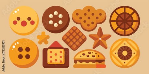 Collection of assorted cookies flat vector illustration of different shapes and styles isolated on beige background