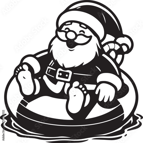 Vector art of santa claus on inflatable ring in black and white