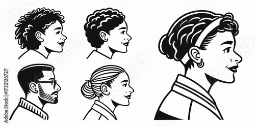 Diverse group of people in profile black and white vector illustration representing community and individuality