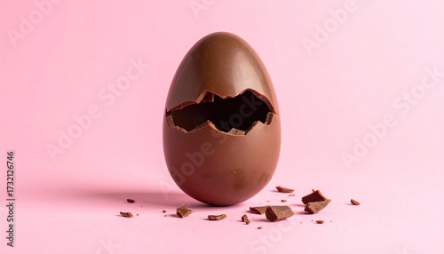 A large, dark-chocolate egg rests on a pink background, partially broken open revealing its hollow interior;  chocolate shards are scattered nearby
