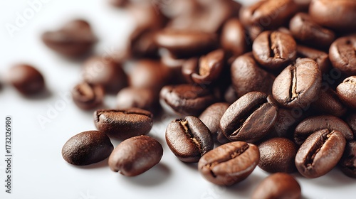 Closeup of roasted coffee beans scattered on a white surface, isolated on white background