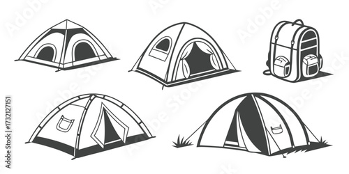 Camping tents and backpack illustration vector line art set for outdoor adventure and travel isolated on white background
