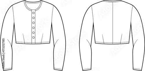 Fashion flat sketch of women’s cropped buttoned blouse with long sleeves, round neckline, front placket, back darts, and simple design