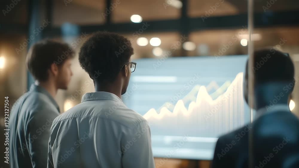 team of financial advisors brainstorming under large screen with rising charts and green arrows future planning faint murmurs marker squeaks on glass three quarter wide angle cine