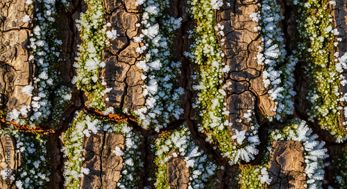 Fototapeta Naklejka Na Ścianę i Meble -  Frozen Moss on Tree Bark – Hyper Realistic Organic Texture