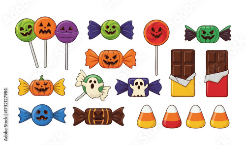 A vibrant collection of Halloween-themed candies and treats, including lollipops, chocolates, and candy corn, all depicted in a playful, cartoonish style.