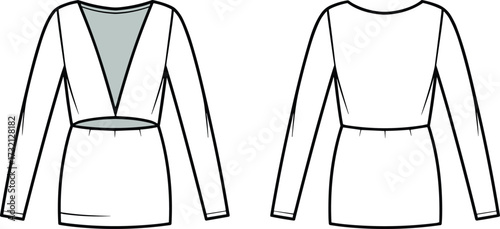 Fashion flat sketch of women’s long sleeve blouse with deep V neckline cutout waist and back view technical vector illustration