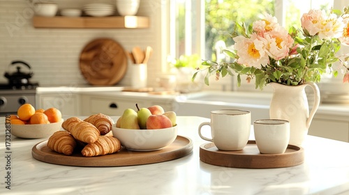 Wallpaper Mural A real photo of a bright kitchen counter with a vase of colorful flowers, a plate of fresh croissants Torontodigital.ca
