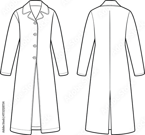 Fashion technical flat sketch of long women’s coat with pointed collar, button closure, long sleeves, front and back detailed view
