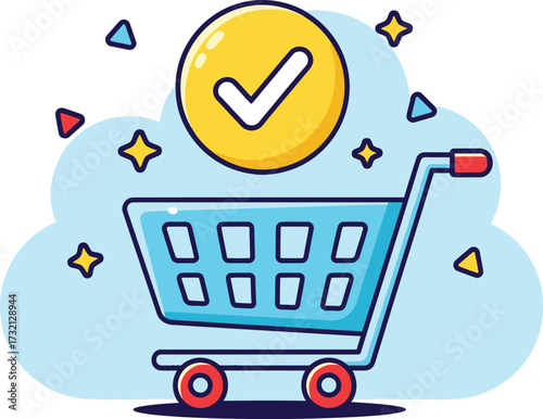 Online shopping cart with a yellow check mark and stars offers retail and purchasing solutions
