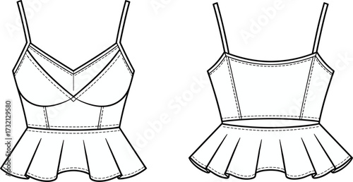 Fashion vector illustration of women’s peplum crop top with spaghetti straps, front and back technical flat sketch for apparel design